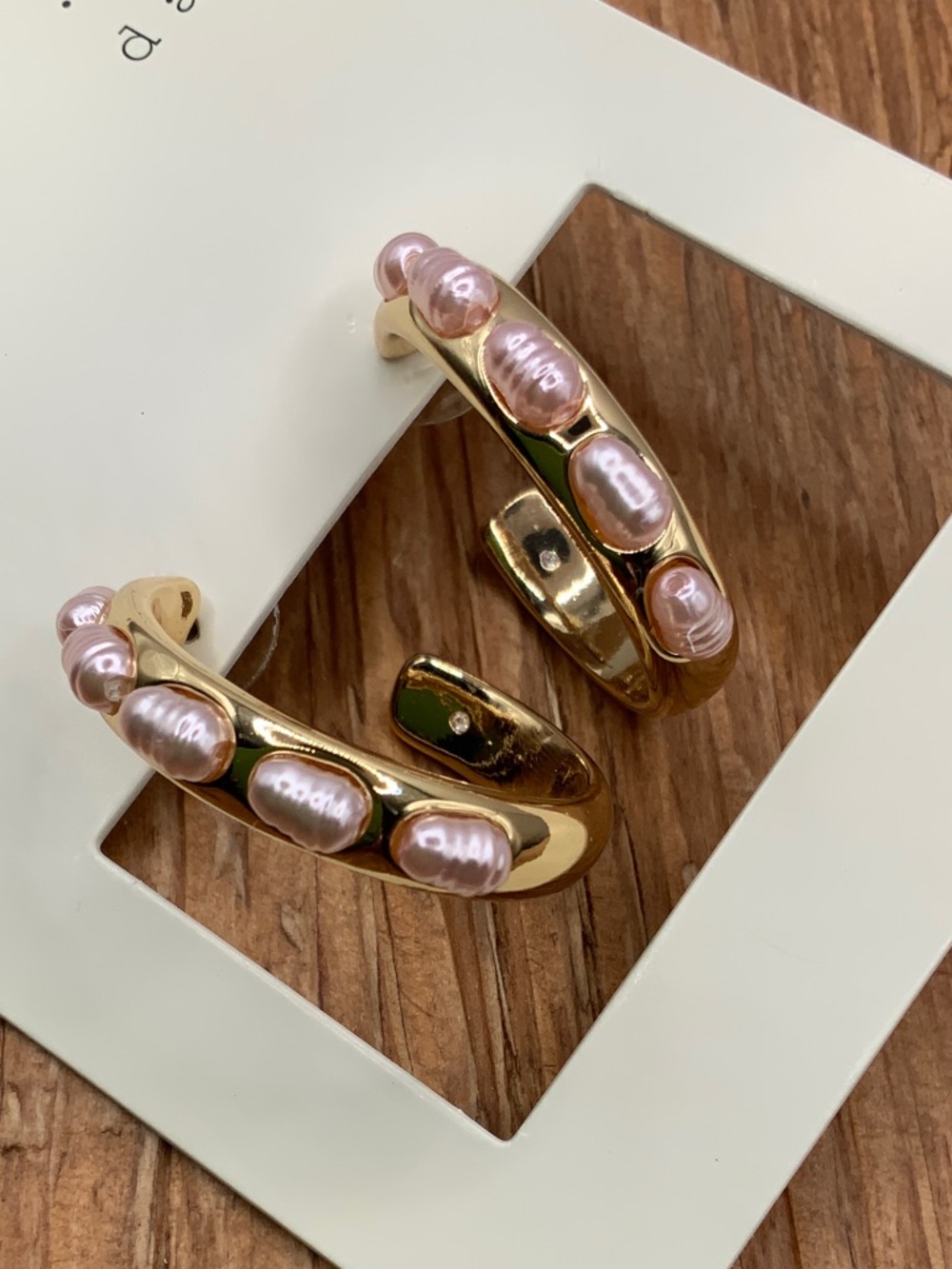 A.New Day Gold Tone Hoops Pink Pearl Accents Earrings